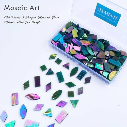 LITMIND Dark Green Iridescent Stained Glass Mosaic Tiles for Crafts - 240 Pieces, 5 Shapes Mixed (Rectangle, Triangle, Rhombus, Square, Leaf) - Ideal for Mosaic Making Projects - Image 2
