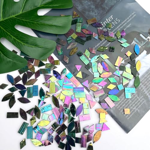 LITMIND Dark Green Iridescent Stained Glass Mosaic Tiles for Crafts - 240 Pieces, 5 Shapes Mixed (Rectangle, Triangle, Rhombus, Square, Leaf) - Ideal for Mosaic Making Projects - Image 3