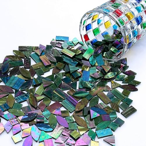 LITMIND Dark Green Iridescent Stained Glass Mosaic Tiles for Crafts - 240 Pieces, 5 Shapes Mixed (Rectangle, Triangle, Rhombus, Square, Leaf) - Ideal for Mosaic Making Projects - Image 5