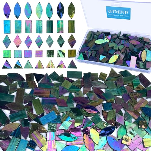 LITMIND Dark Green Iridescent Stained Glass Mosaic Tiles for Crafts - 240 Pieces, 5 Shapes Mixed (Rectangle, Triangle, Rhombus, Square, Leaf) - Ideal for Mosaic Making Projects - Image 1