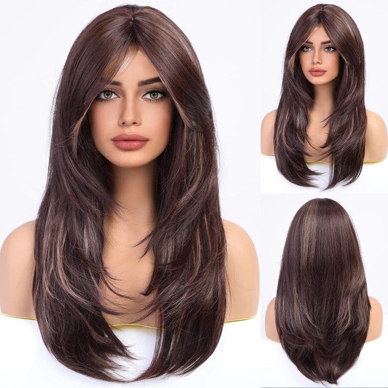 باروكات HAIRCUBE بنية للنساء باروكات بنية طويلة مع خصلات شقراء مع غرة باروكات ألياف صناعية مقاومة للحرارة