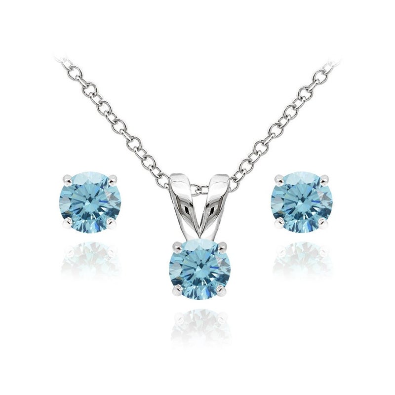 B. BRILLIANT Sterling Silver Solitaire Light Blue European Crystals Necklace & Stud Earrings Jewelry Set for Women | March Birthstone - Image 1