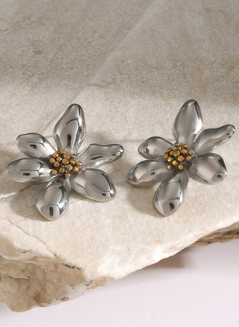 Silver-Tone Floral Petal Earrings - Hypoallergenic Stainless Steel Luxury Minimalist - Botanical Design Lightweight Comfort - Fast Delivery UAE - Image 1