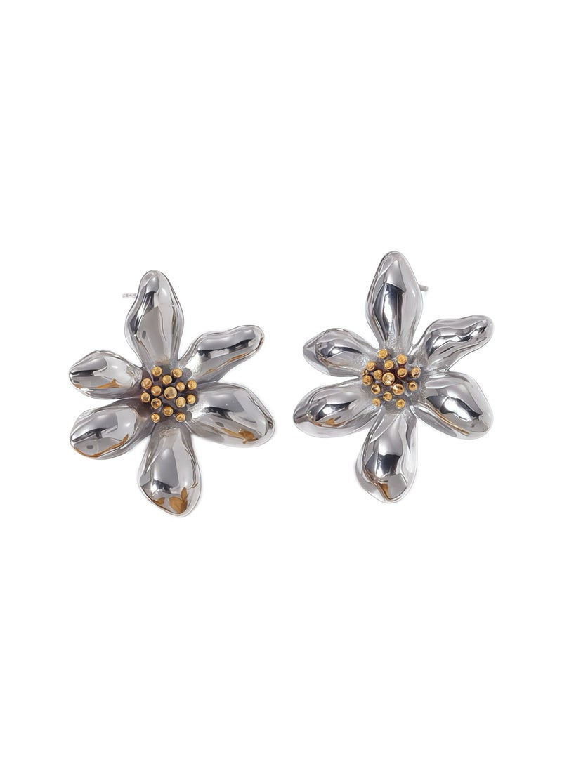 Silver-Tone Floral Petal Earrings - Hypoallergenic Stainless Steel Luxury Minimalist - Botanical Design Lightweight Comfort - Fast Delivery UAE - Image 4