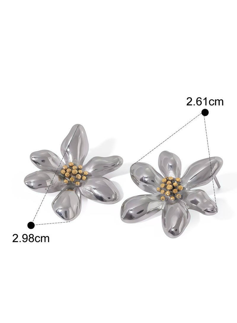 Silver-Tone Floral Petal Earrings - Hypoallergenic Stainless Steel Luxury Minimalist - Botanical Design Lightweight Comfort - Fast Delivery UAE - Image 5