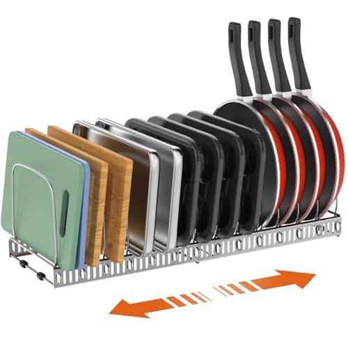 Housolution Cutting Board Organizer Rack, Expandable Baking Tray and Cookie Sheet Organizer with 14 Adjustable Dividers, Bakeware Muffin Tin Cupcake Pan Storage Organizer for Cabinet, Silver - Image 1