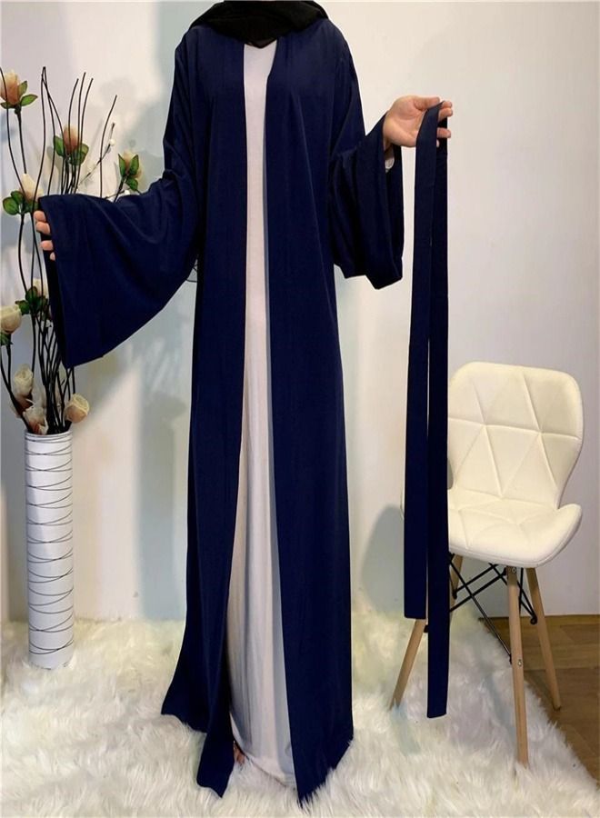 Loquat Solid Color Cardigan Gown Abaya Dark Blue - Image 3