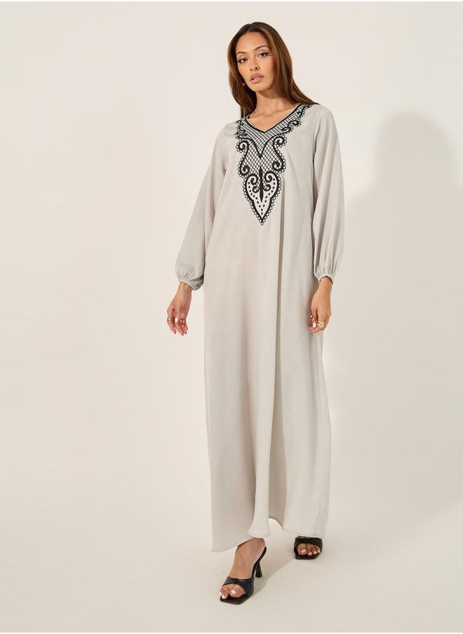 Styli - Lace Insert V-Neck A-Line Jalabyia - Image 1