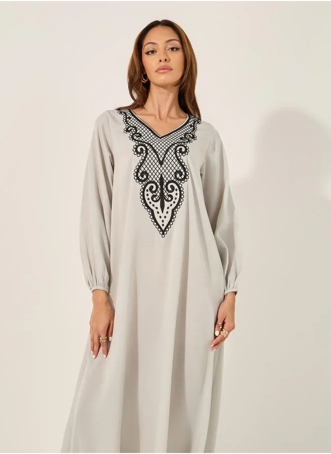 Styli Lace Insert V-Neck A-Line Jalabyia