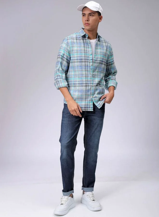 The Indian Garage Co Men Slim Fit Checkered Full Sleeves Cutaway Collar Casual Shirt