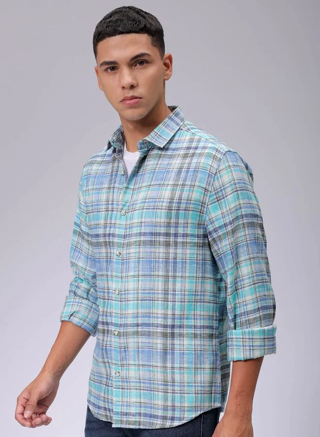 The Indian Garage Co Men Slim Fit Checkered Full Sleeves Cutaway Collar Casual Shirt