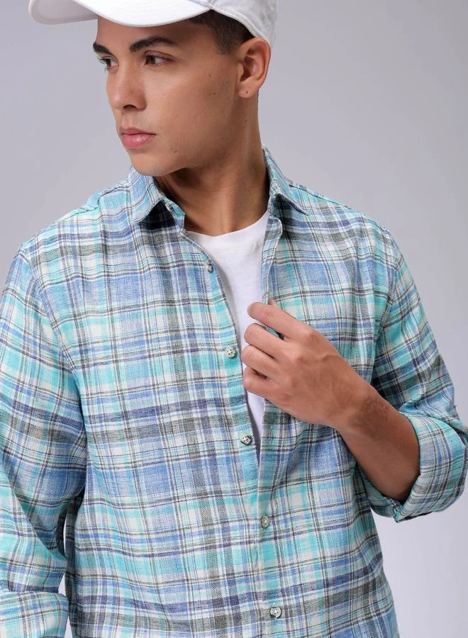 The Indian Garage Co Men Slim Fit Checkered Full Sleeves Cutaway Collar Casual Shirt