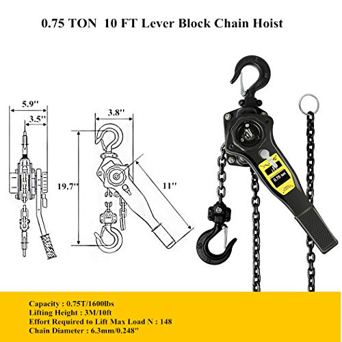 Ymachray Manual Lever Hoist Come Along 3/4 TON 1650 LBS Capacity 10FT Lift 2 Heavy Duty Hooks Commercial Grade Steel for Lifting Pulling Construction Building Garages Warehouse Automotive Machinery - Image 3