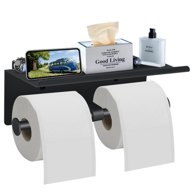 TOILET PAPER HOLDER WITH SHELF WALL MOUNTED TOILET PAPER STORAGE DOUBLE ROLL TISSUE HOLDER DISPENSER BATHROOM TOILET PAPER HOLDER MATTE BLACK