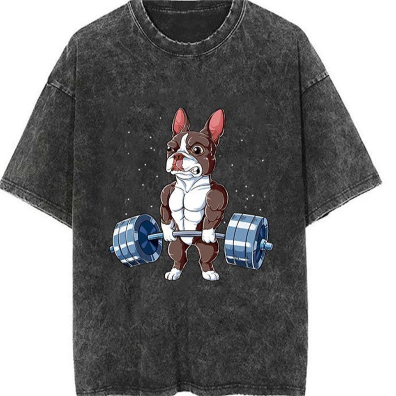 Retro 240G Top Heavy Printing Weightlifting Anime Cartoon T-Shirt Washed Distressed Short-Sleeved Pure Cotton - Image 3
