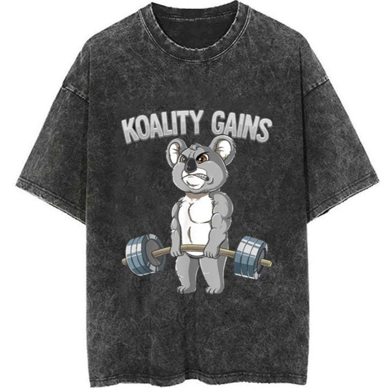 Retro 240G Top Heavy Printing Weightlifting Anime Cartoon T-Shirt Washed Distressed Short-Sleeved Pure Cotton - Image 4