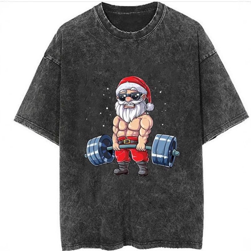 Retro 240G Top Heavy Printing Weightlifting Anime Cartoon T-Shirt Washed Distressed Short-Sleeved Pure Cotton - Image 2