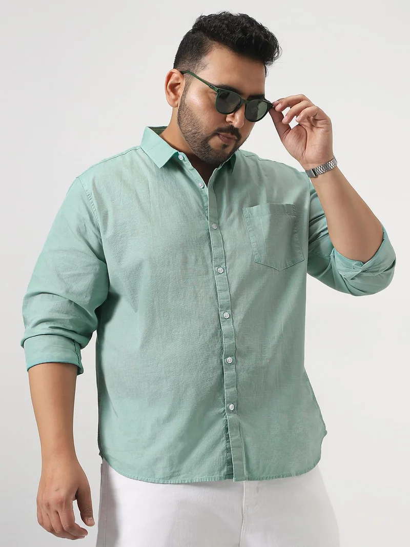 أوربانو فاشن Urbano Plus Men's Mint Cotton Full Sleeve Regular Fit Casual Solid Slub Shirt with Spread Collar