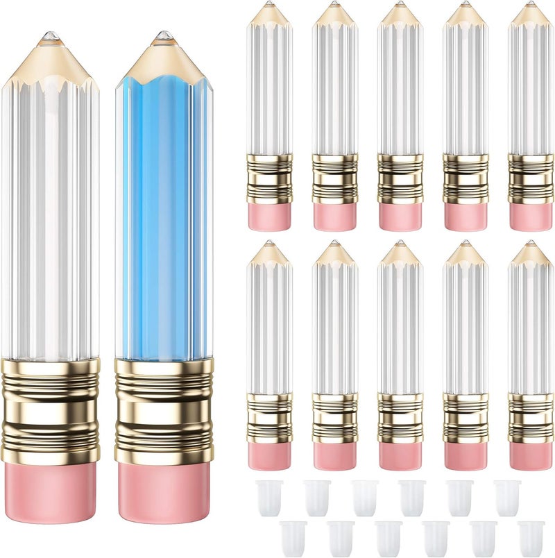 RONRONS 12 Pieces Pencil Lip Gloss Tubes, Empty Mini Pencil Shaped Lip Gloss Tubes Containers Clear Lip Balm Tube Plastic Refillable Bottle for Women Girls Gifts, 5ml