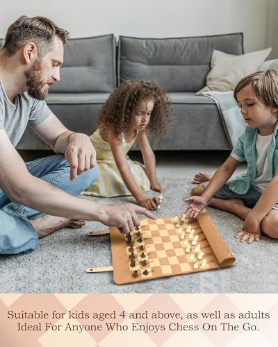DN DECONATION Portable Travel Chess Set Small Roll Up Chess Board with Resin Pieces Traveling Chess Sets for Adults Kids Luxury Foldable Pocket Compact Game for Camping OutdoorBrown Leather Mat - Image 5
