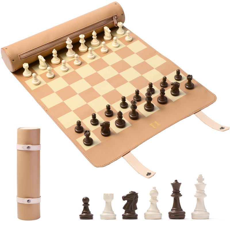 DN DECONATION Portable Travel Chess Set Small Roll Up Chess Board with Resin Pieces Traveling Chess Sets for Adults Kids Luxury Foldable Pocket Compact Game for Camping OutdoorBrown Leather Mat - Image 2