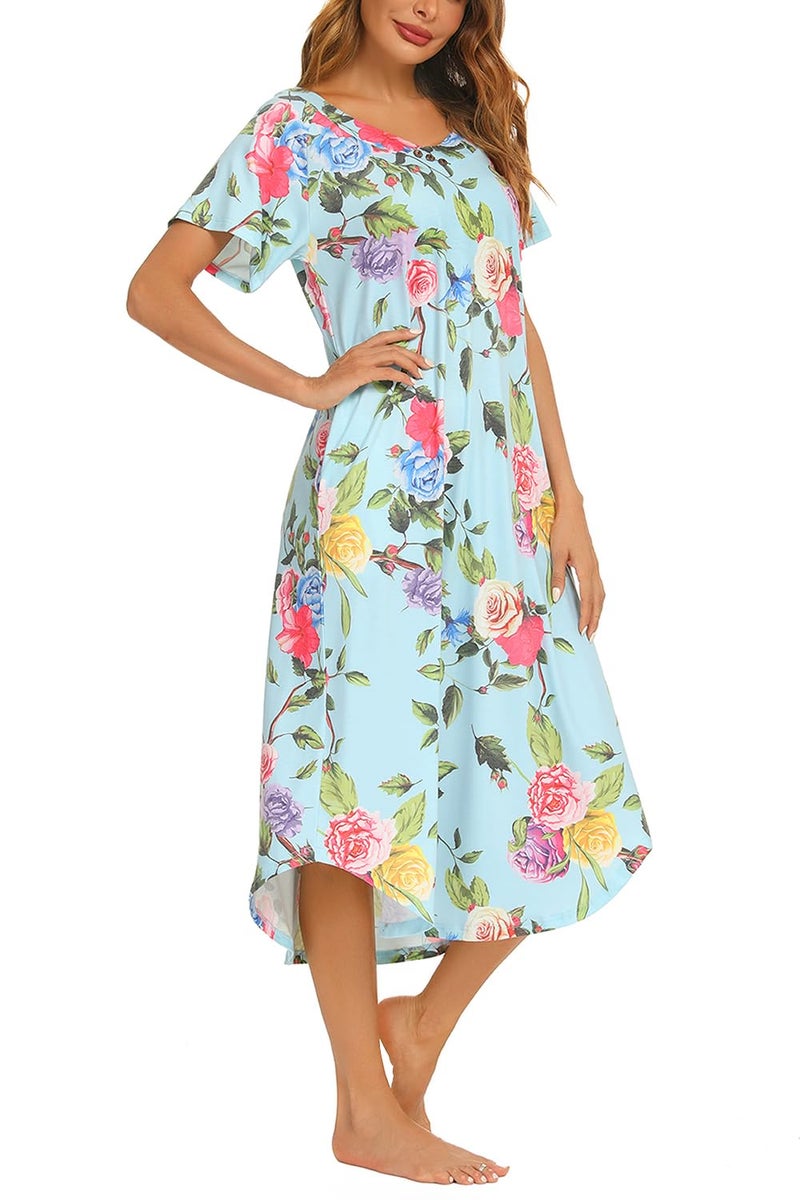 YOZLY Nightgowns for Women Short Sleeve Long Night Gowns Soft V Neck Sleepwear with Pockets, Flowers, XX-Large - Image 3