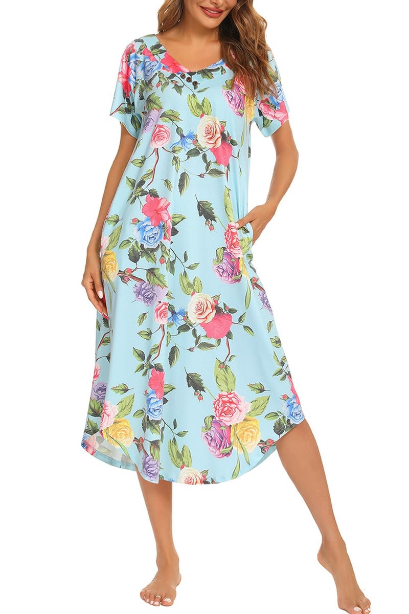 YOZLY Nightgowns for Women Short Sleeve Long Night Gowns Soft V Neck Sleepwear with Pockets, Flowers, XX-Large - Image 2