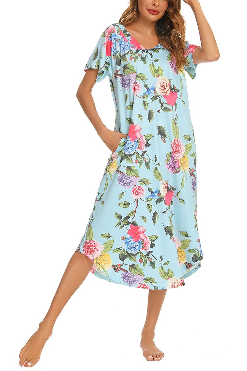 YOZLY Nightgowns for Women Short Sleeve Long Night Gowns Soft V Neck Sleepwear with Pockets, Flowers, XX-Large - Image 1