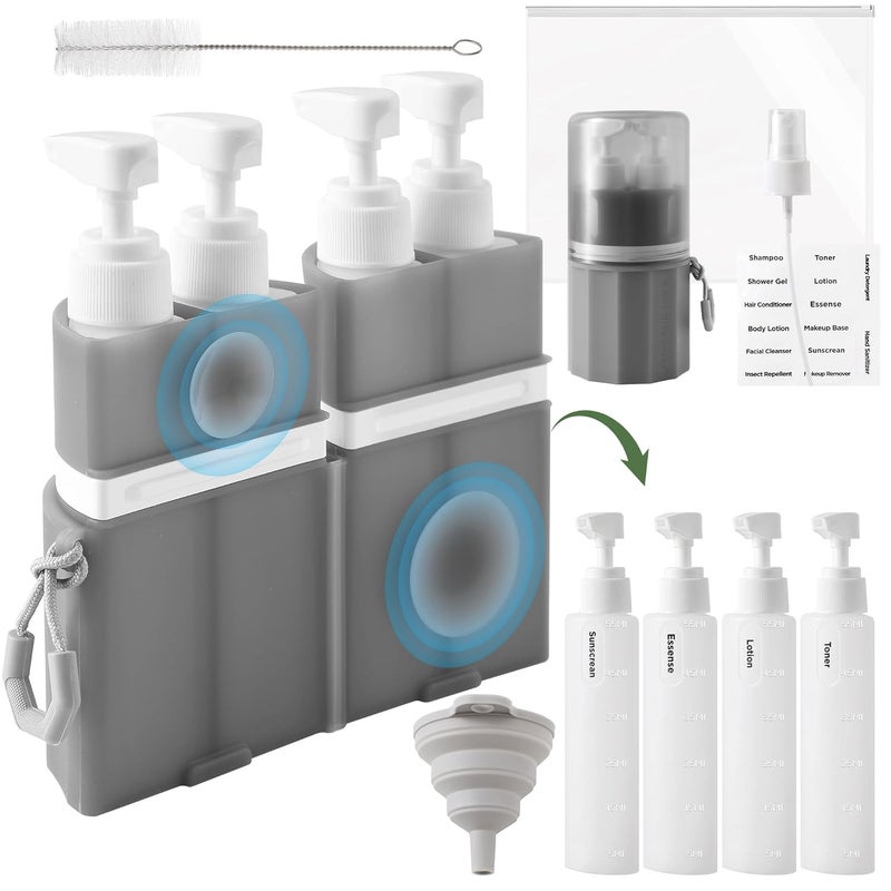 SESENSE 4-in-1 Travel Bottles for Toiletries, TSA Approved Travel Size Toiletries, Leak Proof Refillable Travel Size Shampoo and Conditioner Sets with Wall-Mountable Suction Cup, Gray - Image 1