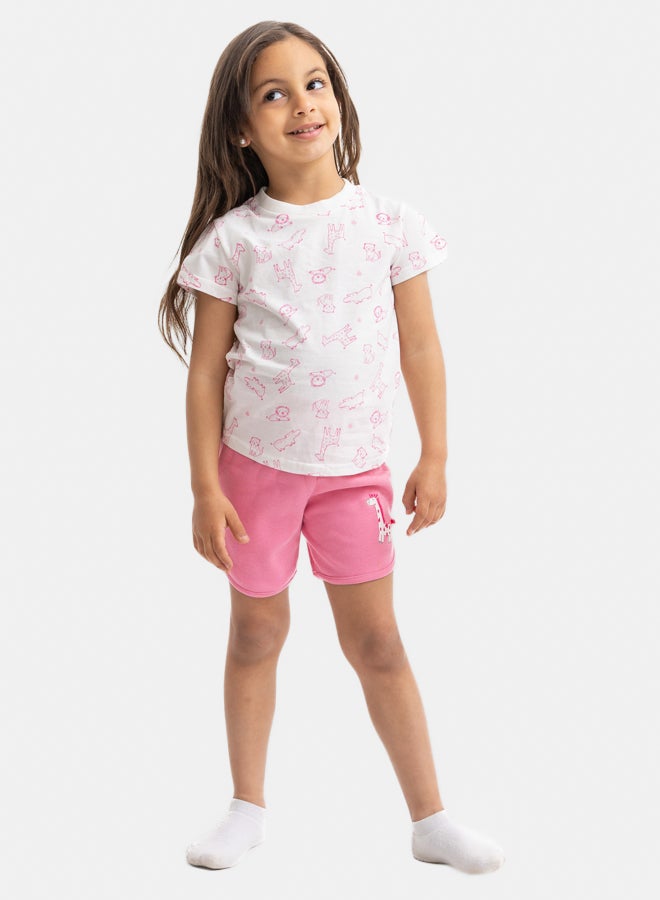 Girls Cream Printed Shirt and Shorts Pajama Set