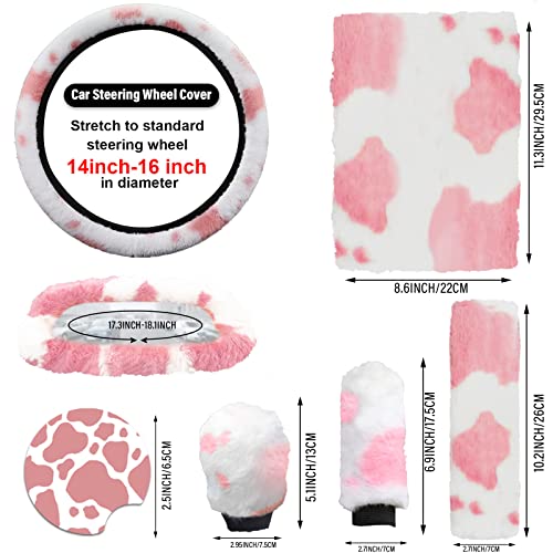 JINGSEN11 Pieces Fluffy Car Accessories Set,Fluffy Cow Print Plush Steering Wheel Covers for Women Soft Fleece Handbrake Cover Shift Cover Car Trim Warm Non-Slip(Pink) - Image 3