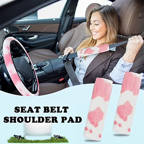 JINGSEN11 Pieces Fluffy Car Accessories Set,Fluffy Cow Print Plush Steering Wheel Covers for Women Soft Fleece Handbrake Cover Shift Cover Car Trim Warm Non-Slip(Pink) - Image 4
