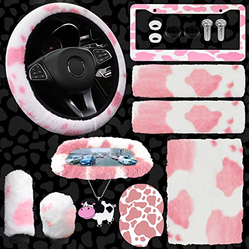 JINGSEN11 Pieces Fluffy Car Accessories Set,Fluffy Cow Print Plush Steering Wheel Covers for Women Soft Fleece Handbrake Cover Shift Cover Car Trim Warm Non-Slip(Pink) - Image 1