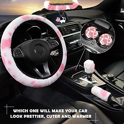 JINGSEN11 Pieces Fluffy Car Accessories Set,Fluffy Cow Print Plush Steering Wheel Covers for Women Soft Fleece Handbrake Cover Shift Cover Car Trim Warm Non-Slip(Pink) - Image 2