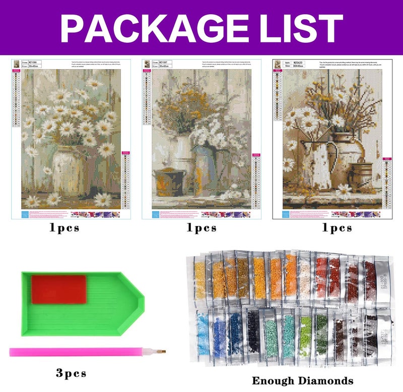 croshom Diamond Art Kits for Adults, 3 Packs Rustic Flowers Diamond Art Painting Kits for Adults Beginners, 5D DIY Full Drill Gem Craft for Adult Gifts, Home Wall Decor 12" x 16" - Image 4