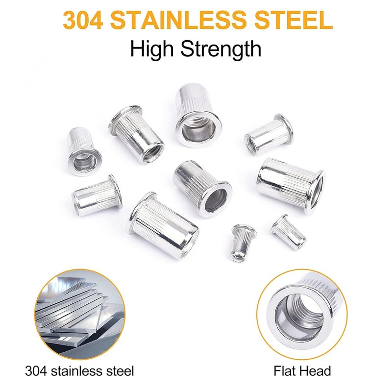 VIGRUE 230PCS SAE & Metric Rivet Nuts UNC Nutserts Rivnut Assortment Kit, Flat Head Insert Nut Assort #8-32#10-24 1/4"-20 3/8"-16 5/16"-18 and M3 M4 M5 M6 M8 M10 M12 (304 Stainless Steel) - Image 4