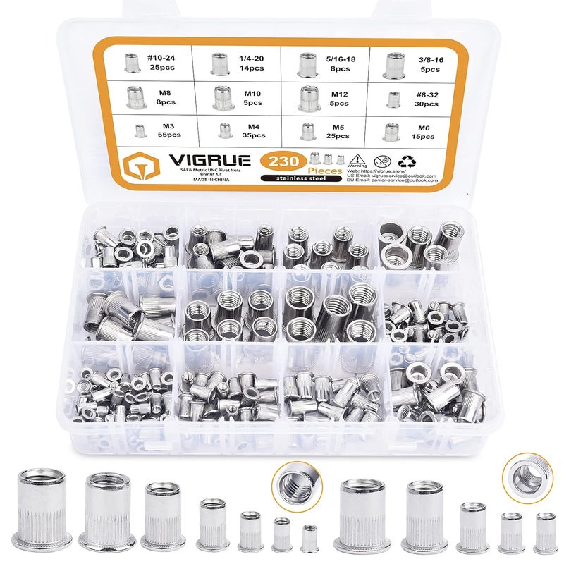 VIGRUE 230PCS SAE & Metric Rivet Nuts UNC Nutserts Rivnut Assortment Kit, Flat Head Insert Nut Assort #8-32#10-24 1/4"-20 3/8"-16 5/16"-18 and M3 M4 M5 M6 M8 M10 M12 (304 Stainless Steel) - Image 1