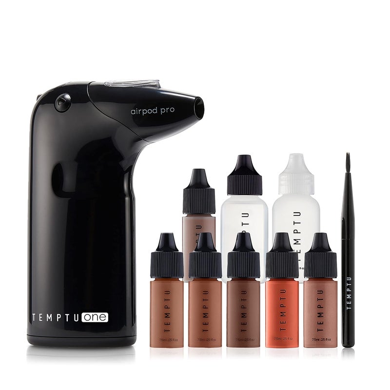 Temptu TEMPTU One Airbrush Make-up Kit with Cordless Compressor, 6 Shades: 11-Piece Set, Portable Air Brush Machine & Airpod Pro, 3 Shades of Foundation, Blush, Bronzer, Instant Concealer, Perfect Complexion