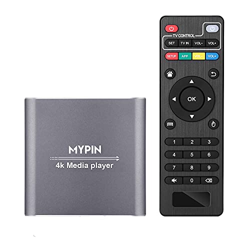 Mypin 4K Media Player with Remote Control, Digital MP4 Player for 8TB HDD/USB Drive/TF Card/H.265 MP4 PPT MKV AVI Support HDMI/AV/Optical Out and USB Mouse/Keyboard-HDMI up to 7.1 Surround Sound (Grey) - Image 1