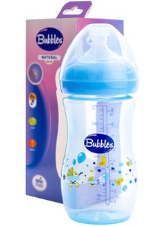 Bubbles natural feeding bottle without hand 280 ml - blue, Introducing the Bubbles Natural Feeding Bottle, designed to provide a seamless and satisfying feeding experience for your little one Crafted with the utmost care,  making the transition from breastfeeding to bottle feeding smoother. The nipple's unique design promotes a natural latch and helps prevent colic by reducing air intake.