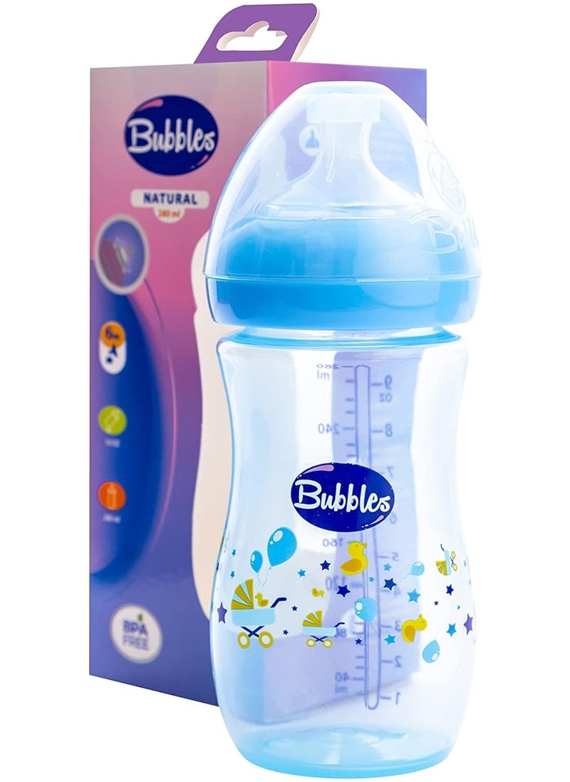 Bubbles - Bubbles natural feeding bottle without hand 280 ml - blue, Introducing the Bubbles Natural Feeding Bottle, designed to provide a seamless and satisfying feeding experience for your little one Crafted with the utmost care,  making the transition from breastfeeding to bottle feeding smoother. The nipple's unique design promotes a natural latch and helps prevent colic by reducing air intake. - Image 1