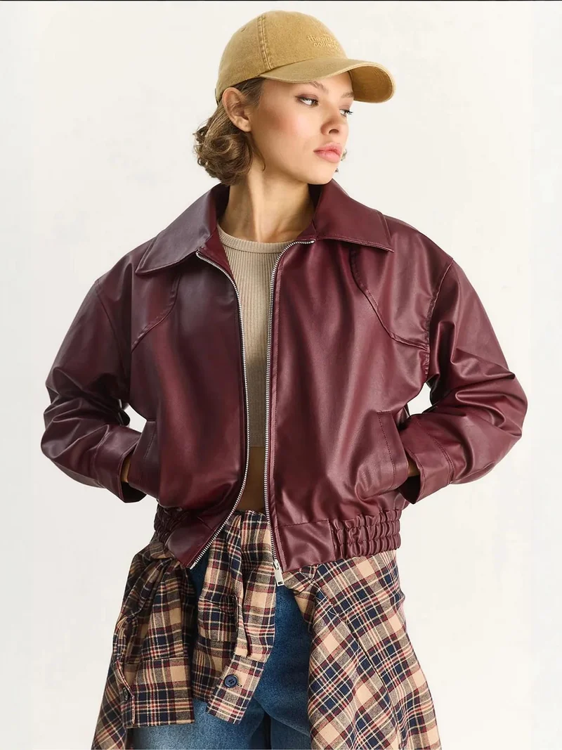 Bianco Lucci LUCCI Faux Leather Relaxed Fit Jacket with Zipper and Pockets