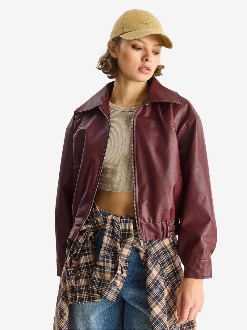 Bianco Lucci LUCCI Faux Leather Relaxed Fit Jacket with Zipper and Pockets