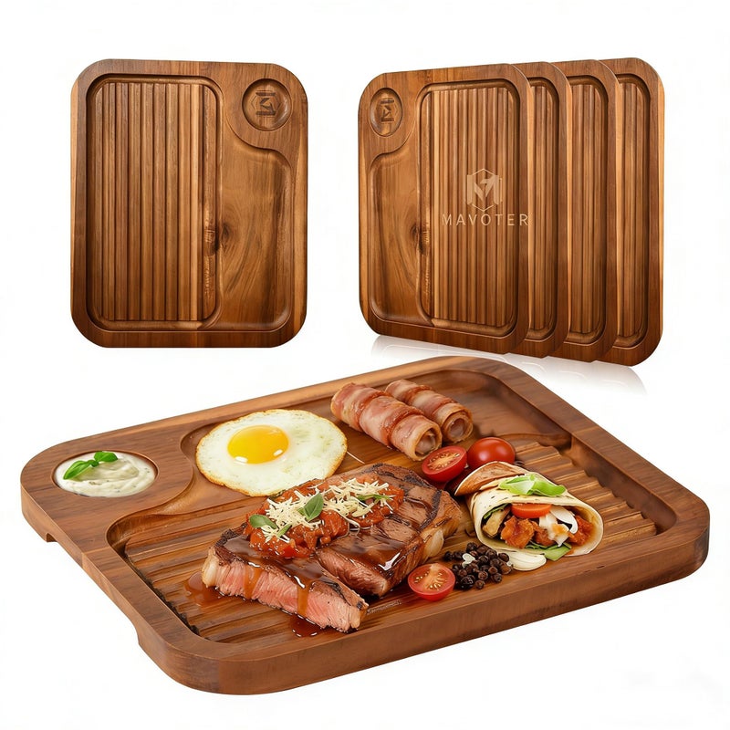 MAVOTER 4 pcs Acacia Wood Steak Plates,Carnivore Cutting Board for Eating, Carved Meat Wooden Plate, Food Serving Tray,Cheese Charcuterie Boards with Deep Grooves & Hidden Handles - Image 1