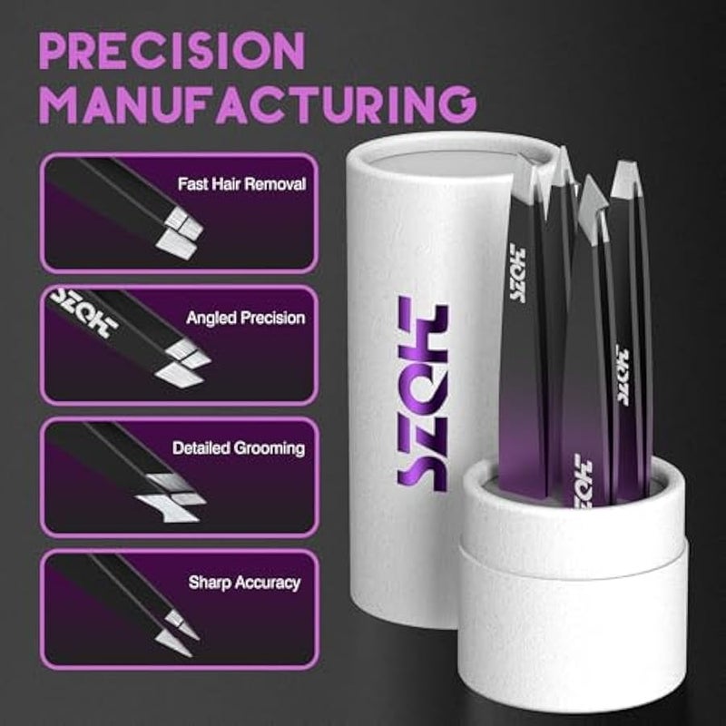 Professional Tweezers Set for Eyebrows – 4PC Precision Stainless Steel Tweezers Kit with Slant, Pointed & Flat Tips – Eyebrow Hair Removal Tool for Women & Men – Eco-Friendly Paper Tube Packaging - Image 5