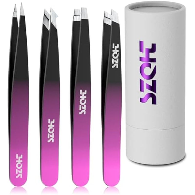 Professional Tweezers Set for Eyebrows – 4PC Precision Stainless Steel Tweezers Kit with Slant, Pointed & Flat Tips – Eyebrow Hair Removal Tool for Women & Men – Eco-Friendly Paper Tube Packaging - Image 1