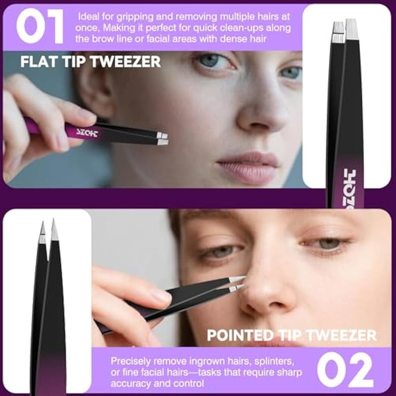 Professional Tweezers Set for Eyebrows – 4PC Precision Stainless Steel Tweezers Kit with Slant, Pointed & Flat Tips – Eyebrow Hair Removal Tool for Women & Men – Eco-Friendly Paper Tube Packaging - Image 3