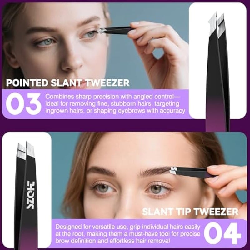 Professional Tweezers Set for Eyebrows – 4PC Precision Stainless Steel Tweezers Kit with Slant, Pointed & Flat Tips – Eyebrow Hair Removal Tool for Women & Men – Eco-Friendly Paper Tube Packaging - Image 4