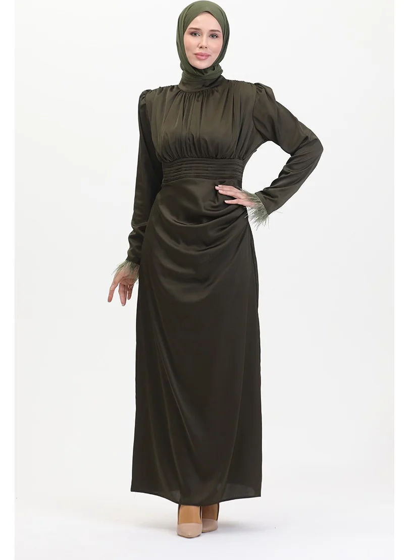 Sefa Merve Pleated Detailed Satin Evening Dress 6374-05 Khaki