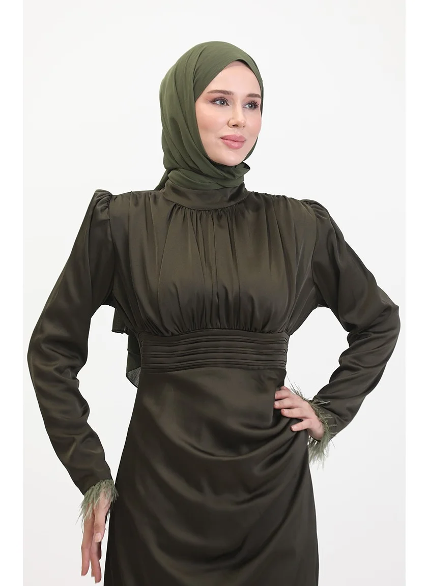 Sefa Merve Pleated Detailed Satin Evening Dress 6374-05 Khaki